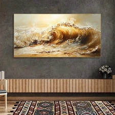 Handmade Oil Painting Canvas Wall Art Decoration Abstract Yellow Waves Landscape