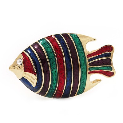 Bunte Emaille Brosche ''Fisch'' aus vergoldetem Metall