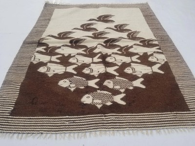 Vintage Handmade Scandinavian-style ''Sky and Water '' Wool Brown Tapestry 3.9x3ft