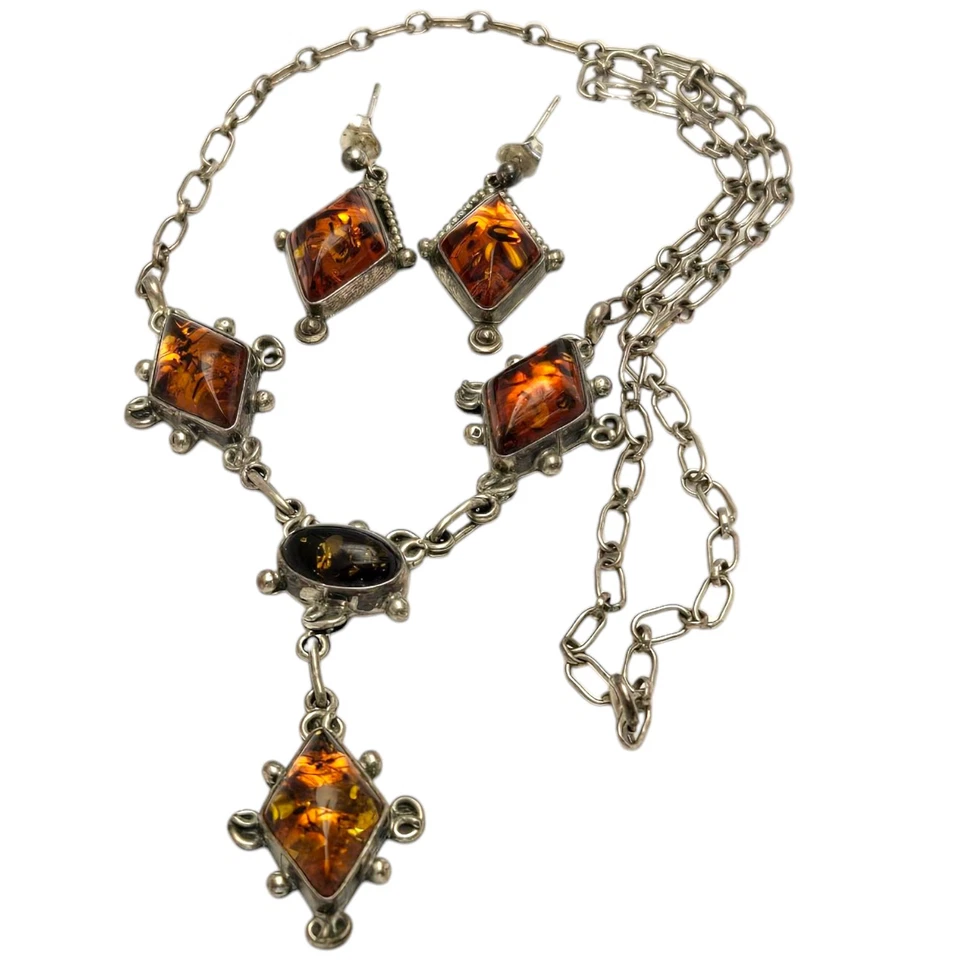 华丽复古纯银琥珀耳环套装项链  — 第 4/4 张图片