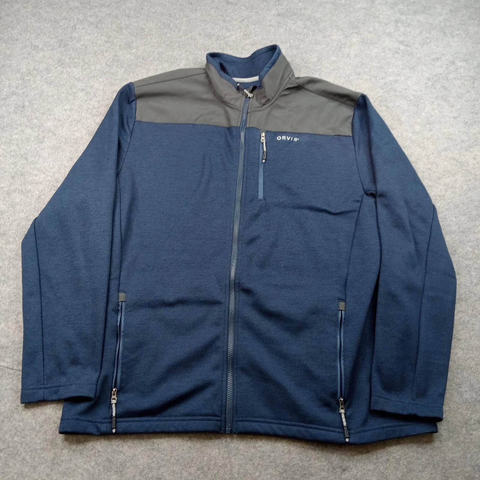 Orvis Jacket Mens XL Blue Polyester Knit Full Zip Windbreaker Zip Pockets Logo