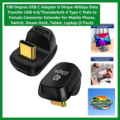 Compact 180° USB C Connector Adapter, 40Gbps Data Speed, 2-Pack Set for Mobile