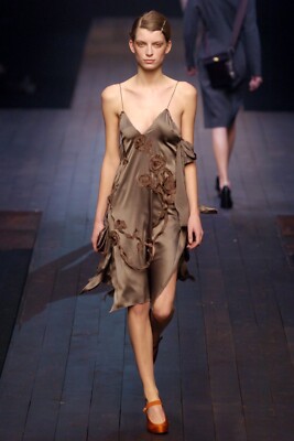 Vintage Lanvin Fall 2004 Grey Silk Floral Slip Dress 40 Alber