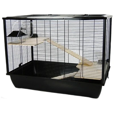 LITTLE FRIENDS Rat Hamster Mouse Large Cage – Black Base Two Tiers Wooden Shelves – The Langham