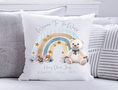 Personalisierter Kissenbezug Baby blau Jungen Teddy Neugeborene Geburt, Kinderzimmer, Geschenk