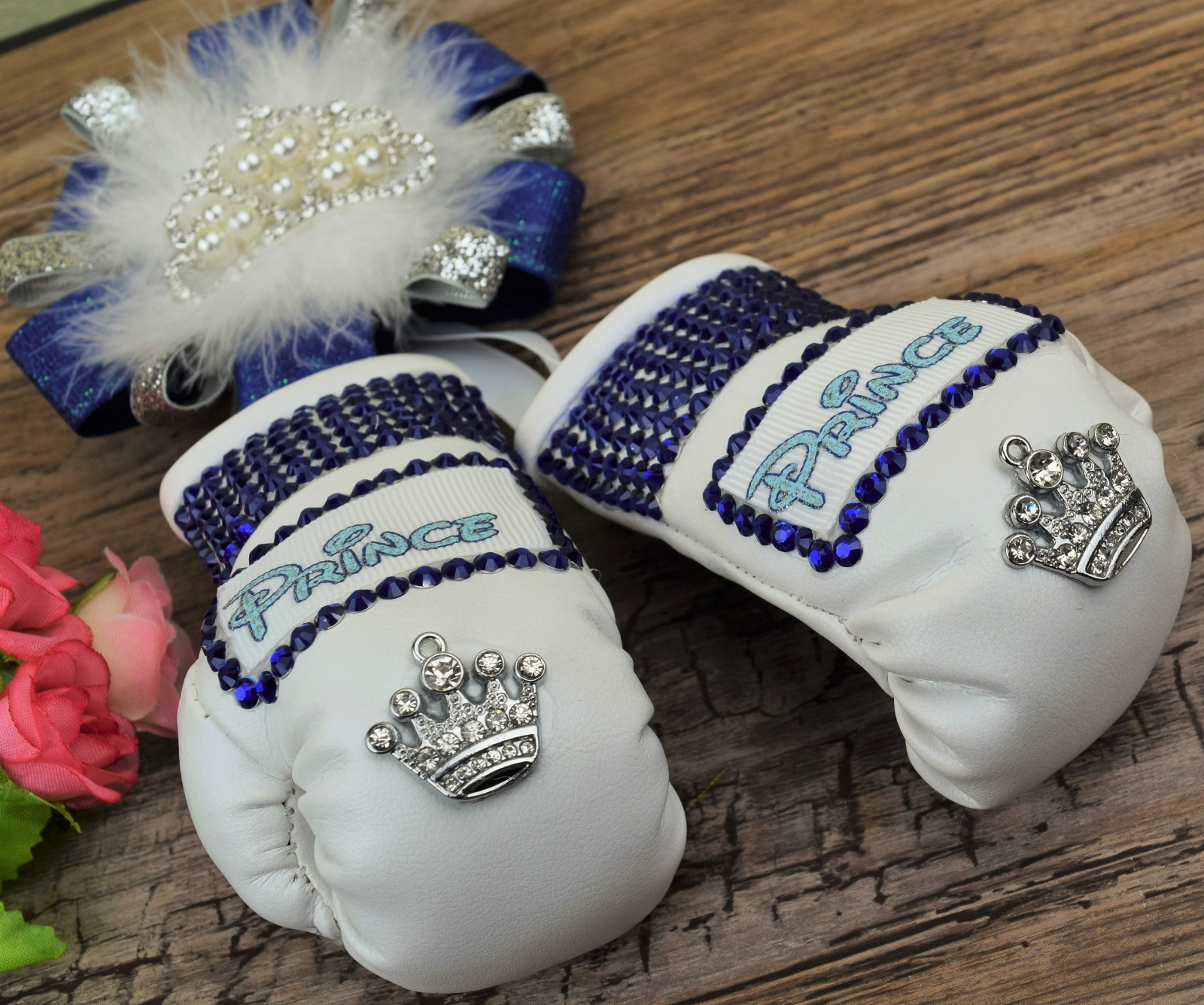 Stunning sparkly boxing gloves pram charm in royal with bling
