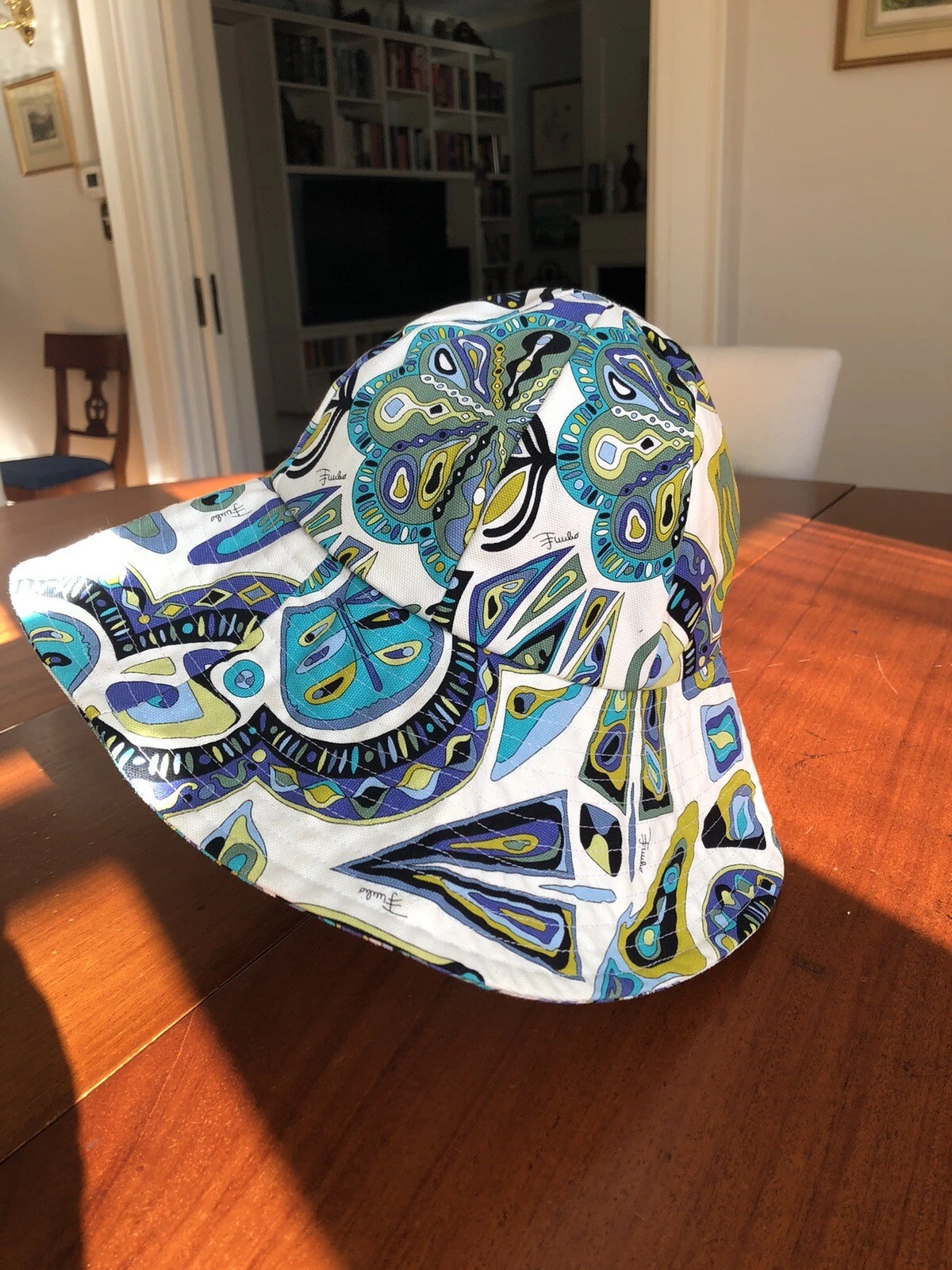 New EMILIO PUCCI II Bucket Hat Cotton Hat Abstract Pattern White Blue Purple