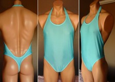 R928 Mens Open Back backless Thong Leotard bodysuit slightly C-thru Thin Jersey
