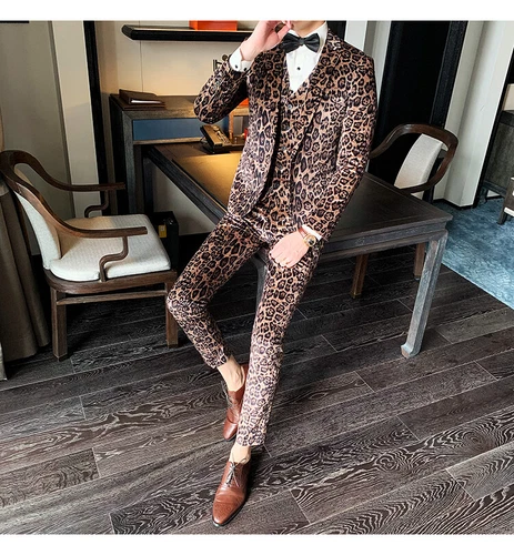 Mens Leopard Print Suit Velvet Wedding Dinner Formal Prom Dress Suits 3 Pieces - Picture 5 of 8