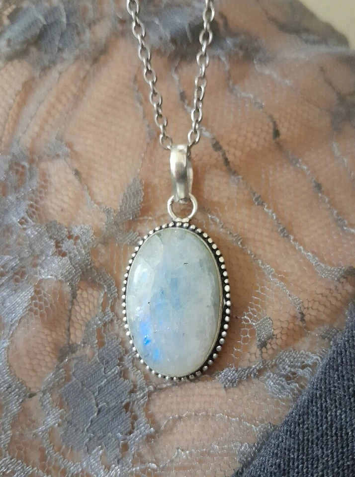 COLLANA PENDENTE PIETRA DI LUNA E ARGENTO MASSICCIO 925 - Immagine 2 di 4