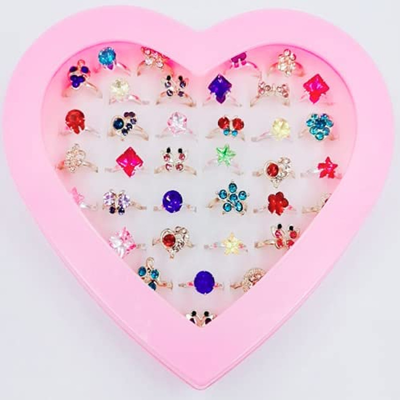 36Pcs Children Kids Little Girl Adjustable Jewelry Rings Box Set with Heart S...