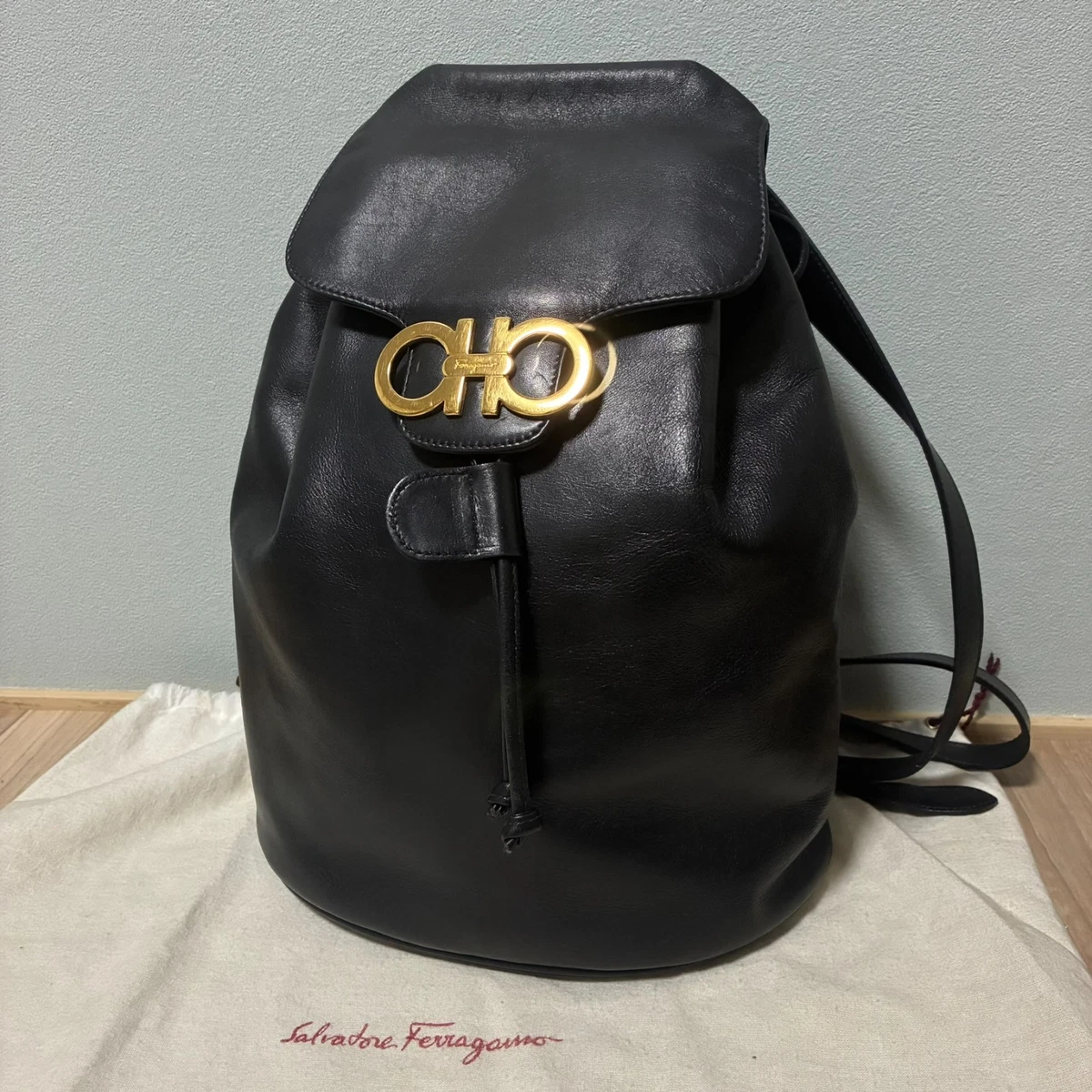 Vintage Salvatore Ferragamo Black Bag /backpack with Gold Hardware Salvatore Ferragamo Gancini Backpack Leather Black Gold Auth  main image 2
