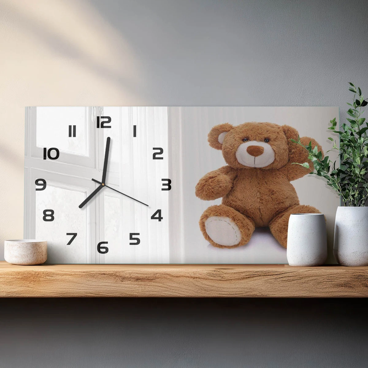 Reloj de Pared Rectangular Horizontal Cristal Decorativo Premium Osito 60x30 cm