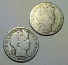 Lot of Two Barber Half Dollar Coins 90% Silver, 1904 and 1909