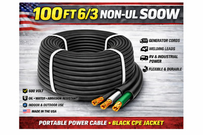 6/3 SOOW Portable Cord 100FT 600V Non UL Black Flexible Cable USA Made