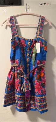 FARM Rio Blue Floral Tropical Square Neck Belted Strappy Romper Size M