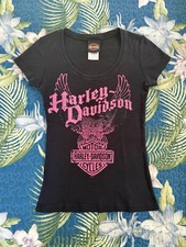 Harley-Davidson Pink Black Graphic Top Scoop Neck Cap Sleeve Made in USA Size XS