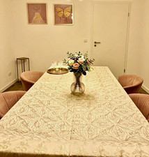 Bestickte Tischdecke Stoff beige/gold gebl&uuml;mt Blumen rechteckig klassisch