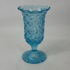 Vintage Viking Glass Blue Diamond And Thumbprint Footed Vase 9.75 Inch