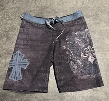 Affliction Board Shorts Studded Skull Cross Grunge Size 34 Baggy