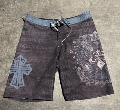 Affliction Board Shorts Studded Skull Cross Grunge Size 34 Baggy