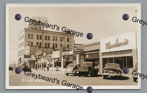 RPPC 1940s Cars Stores Neon Signs ELKO NV Nevada Vintage Real Photo Postcard