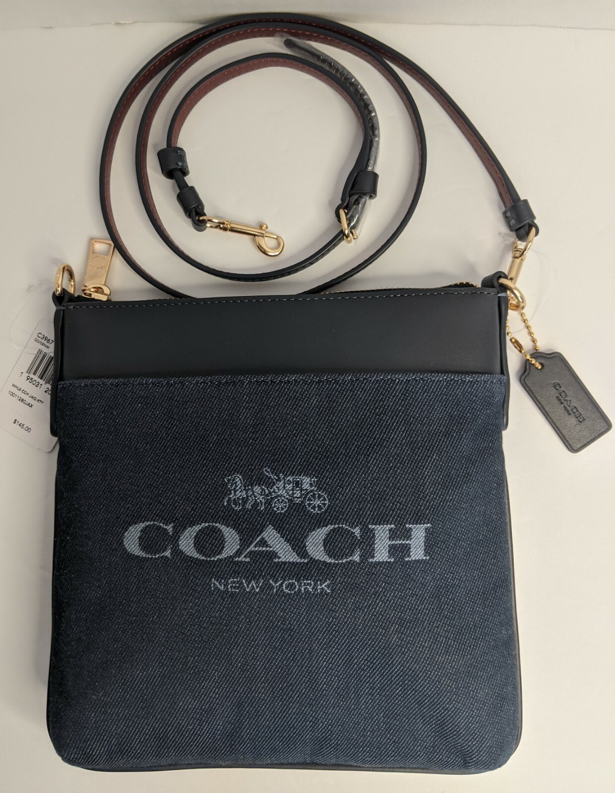 COACH Denim Jacquard Kitt Crossbody Messenger Bag Handbag Leather Navy