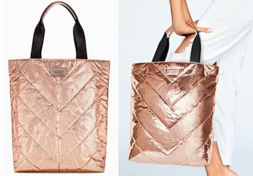 Victoria's Secret Metallic Rose Gold Tote Bag Purse Travel Puffer Valentine
