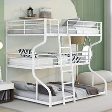 XL Triple Bunk Bed Full/Twin/Queen w/ Long & Short Ladder, White