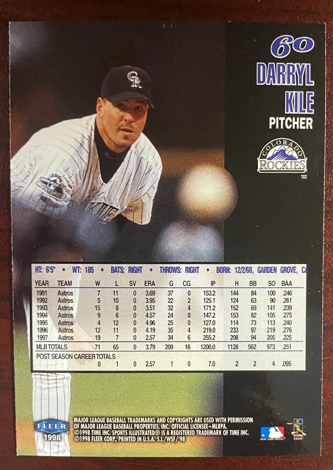 1998 Fleer Sports Illustrated #60 Darryl Kile Colorado Rockies - Image 2 of 2