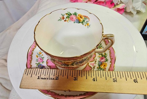 Vtg Crown Staffordshire China Lyric /Tunis pattern cup & saucer pink rose floral - Picture 10 of 10