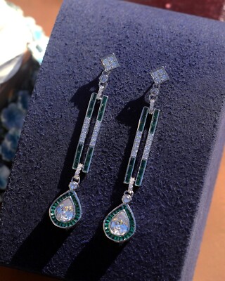Boucles D'Oreille Argentées - Clous CZ Baguette Blanc, Style Art Déco Vintage - Neuf