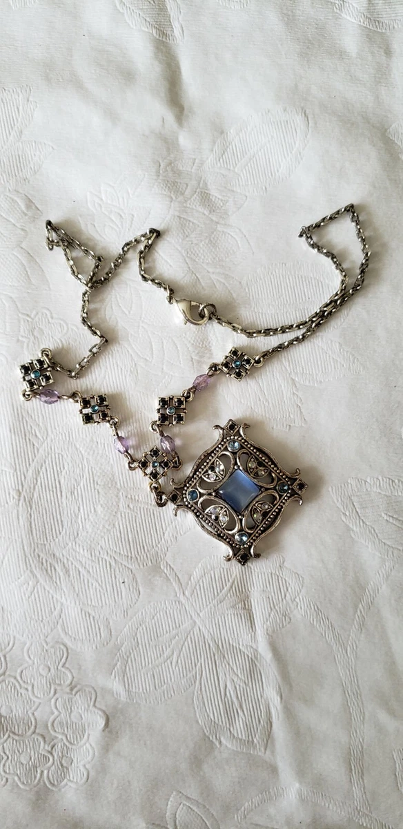 Costume Jewelry Necklace square silver blue stone rhinestones