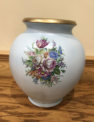 HAND PAINTED POTTERY VASE MULTI COLOR CABBAGE ROSE SIGNED ITALY # GOLD TRIM LG ￼