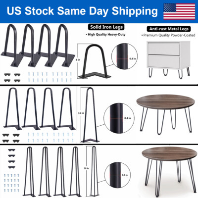 Set Of 4 Hairpin Table Legs - 6", 16", Or 28" Height, Black Powder Coated Steel, Modern Style