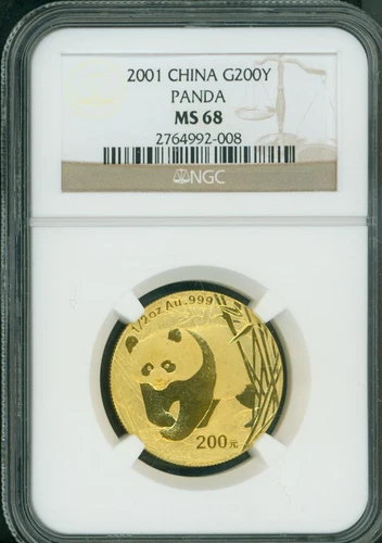 2001 CHINESE GOLD PANDA 200Y 200 YUAN 1/2 Oz. NGC MS68 MS-68 CHINA SCARCE !!