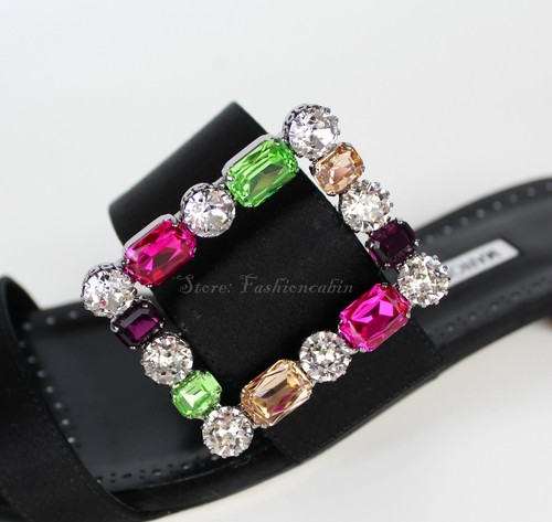 NEW MANOLO BLAHNIK Verda Crystal Buckle Slide Sandal, Black, EUR 37.5, MSRP $895 - Picture 2 of 12