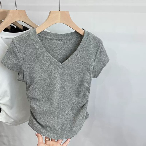 Womens Sexy V Neck Short Sleeves T-Shirt Summer Slim Fit Blouse Pleated Tops Tee - Picture 6 of 12