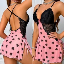 Sexy Women Lace Heart Nightgown Lingerie Split Sleep Dress Babydoll Slip Chemise