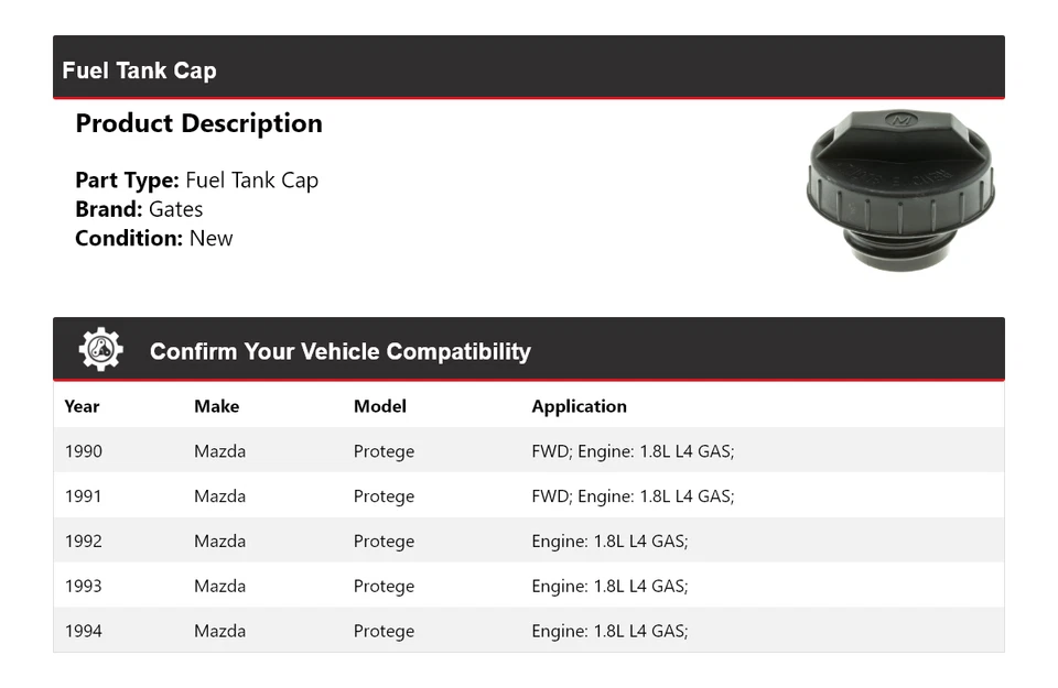 For 1990-1994 Mazda Protege 1.8L L4 GAS Fuel Tank Cap Gates 1991 1992 1993 - Image 2 of 4