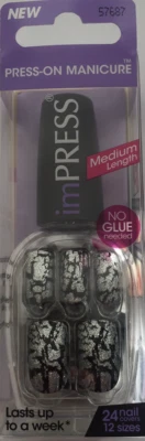 BROADWAY imPRESS 24 press on false nails in silver & black crackle effect -57687 *3 FOR 2