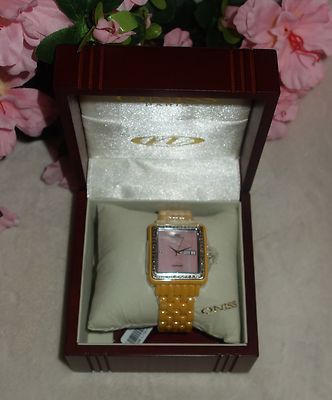 Oniss Paris crystal Accented  Hi tech yellow Ceramic pink dial Watch new