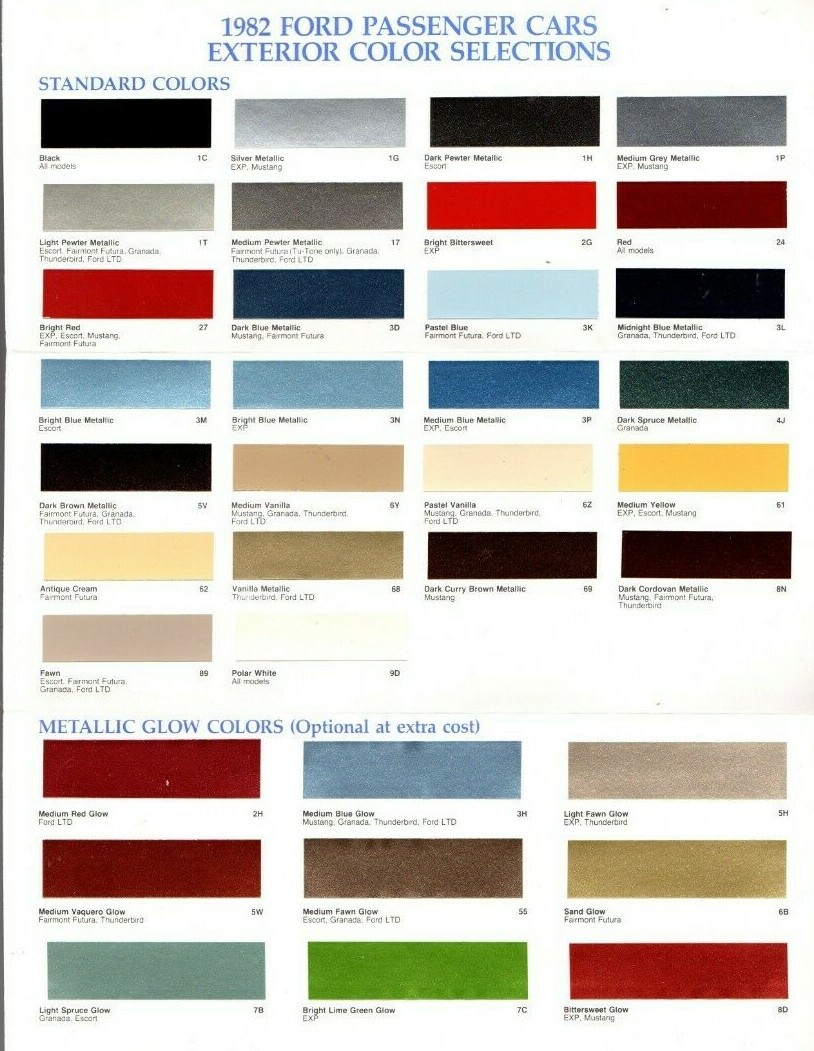 1982 FORD Ford Color Chip Paint Sample Brochure/Chart: Mustang/EXP