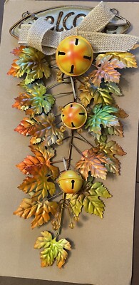 MIB 18  Copper Welcome Door/Wall Decor Fall Theme Metal Leafs Bells VTG Autumn ￼