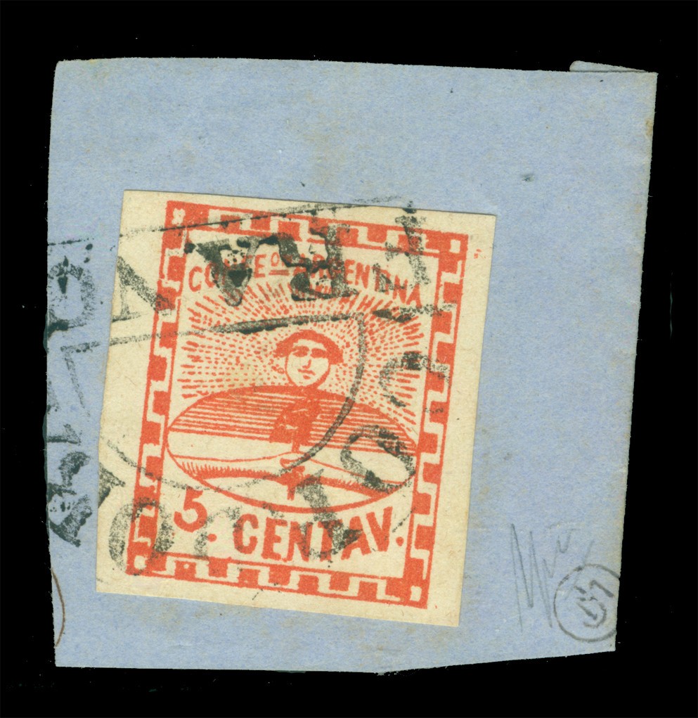 ARGENTINA 1858 Confederation 5c red Sc# 1 used XF on piece "CORDOBA FRANCA" cxl