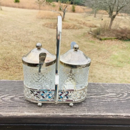 2 Vintage Wexford Glass Condiment/Jelly Jars with Silver Lids Spoons & Caddy