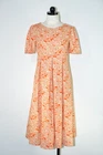 60s Vintage Orange Cream Cotton Floral Pleated Full Skirt Midi Day Dress Women S