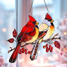 Cardinal Couple Acrylic Suncatcher, Winter Birds Window Hanging