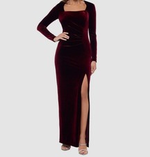 Xscape Womens Red Velvet Straight Neck Long Sleeve Front Slit Dress Size 4