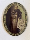Antique Celluloid Photo Elderly Woman 8in x 6in Oval  Floral/Checkered Border